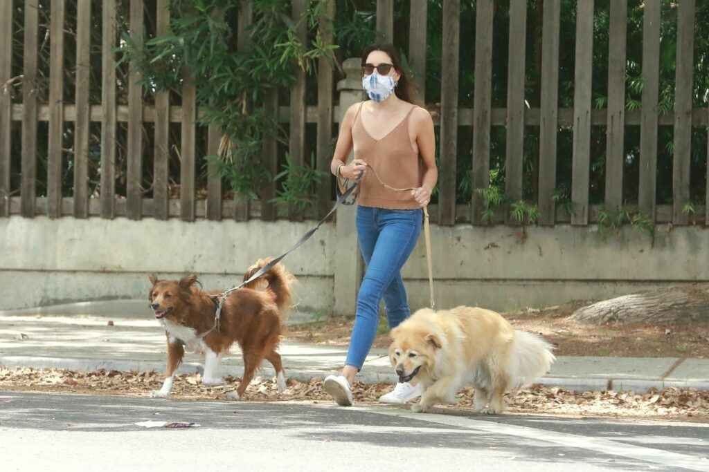 Aubrey Plaza balade ses chiens sans soutien-gorge